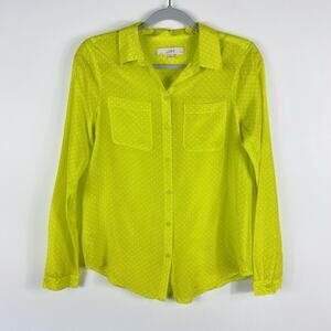 Ann Taylor LOFT Button Blouse Small Petite Green Polka Dot Cotton Silk Top